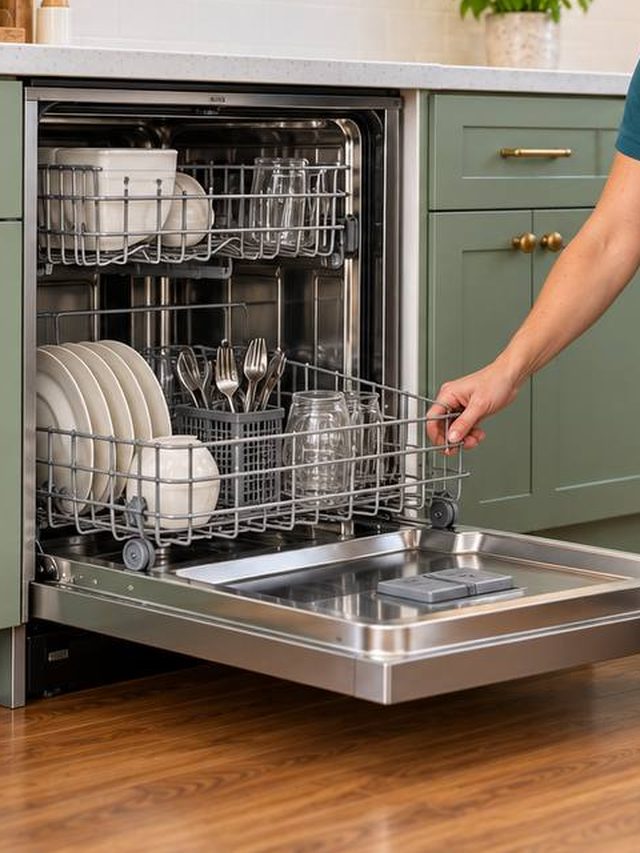 Dishwasher lower rack rolled out over the open door