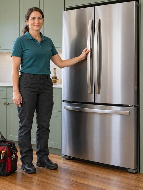 Technician beside a stainless French-door refrigerator