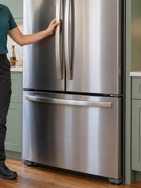 Hand on the door of a stainless French-door refrigerator