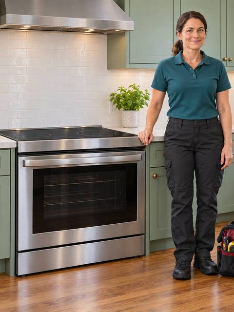 Technician standing next to a stainless electric range