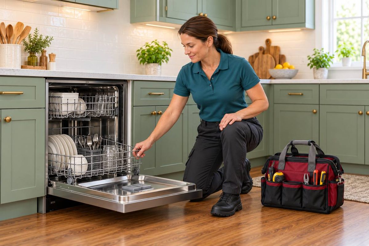 Technician kneeling at a dishwasher with the lower rack pulled out