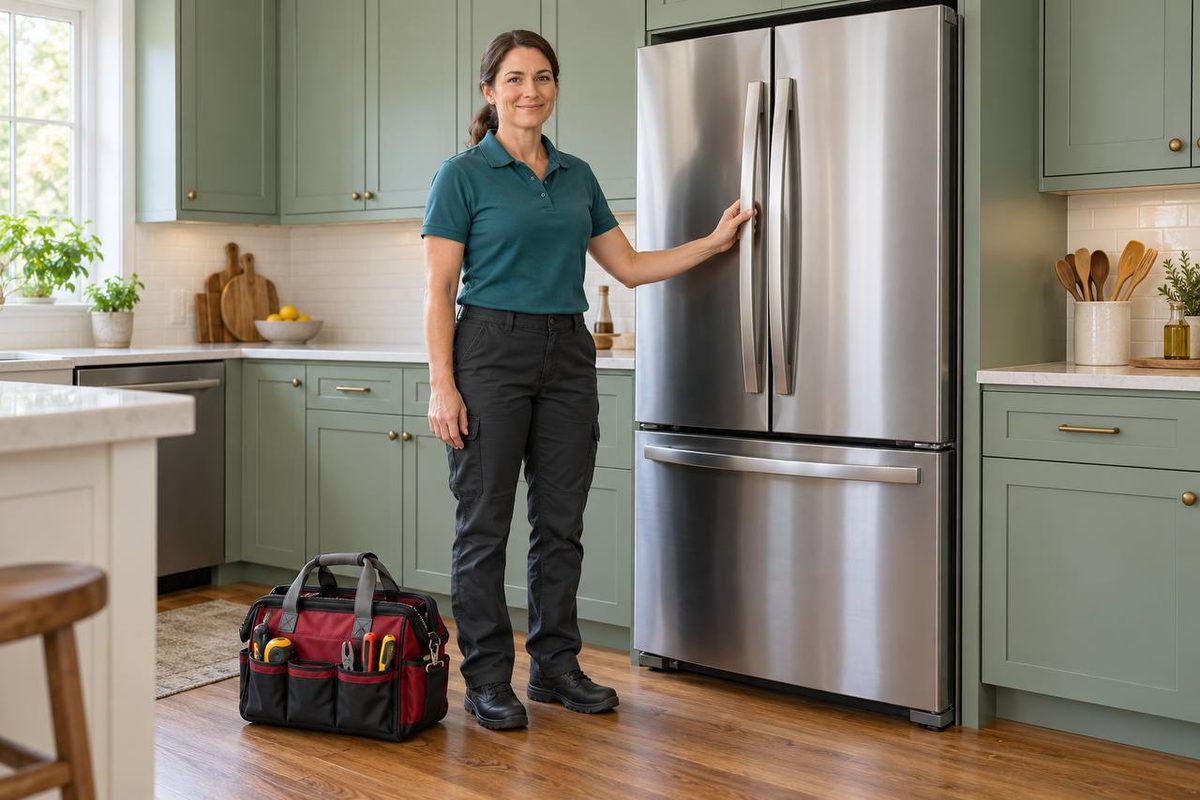 Technician with a tool bag standing at a French-door refrigerator in a green kitchen