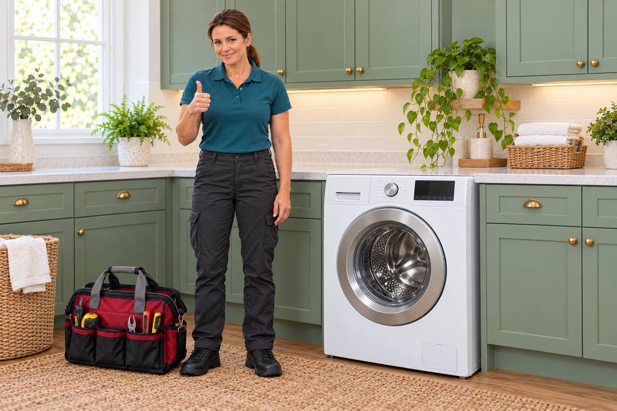 Technician in a laundry room beside a front-load washer, tool bag on the rug