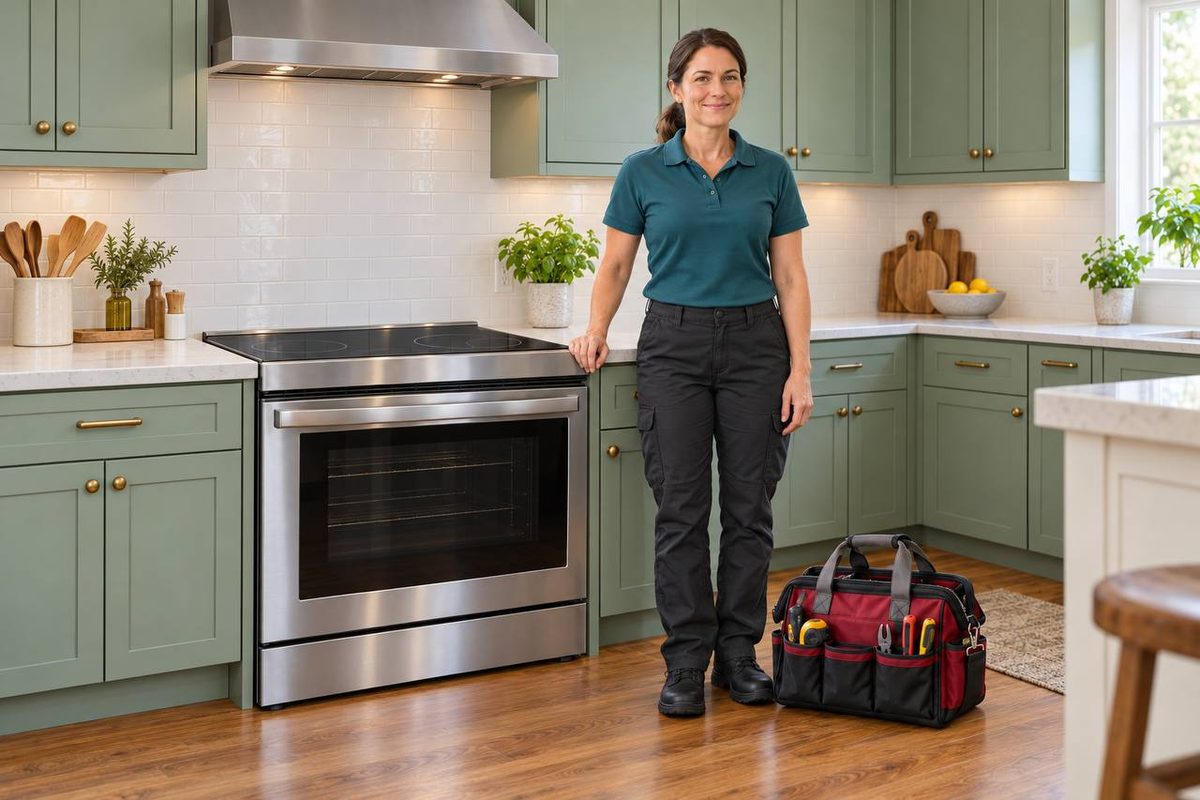 Technician leaning on the counter next to an electric range