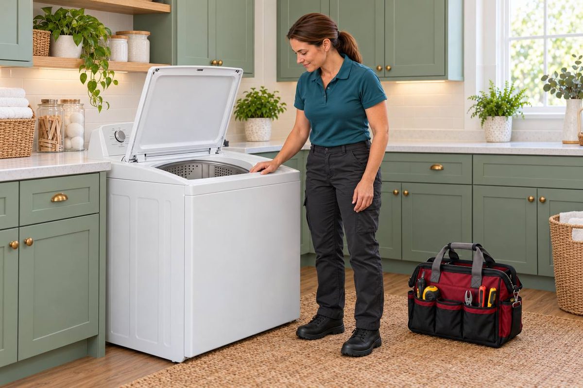 Technician checking a top-load washer with the lid open