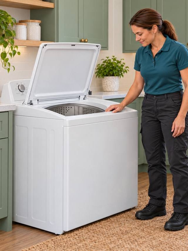 Technician checking a white top-load washer with the lid raised