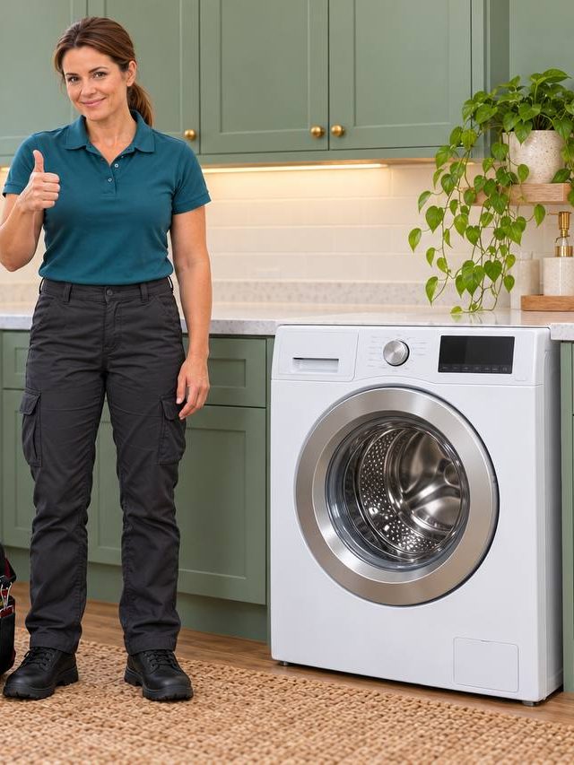 Technician next to a white front-load washer in a laundry room